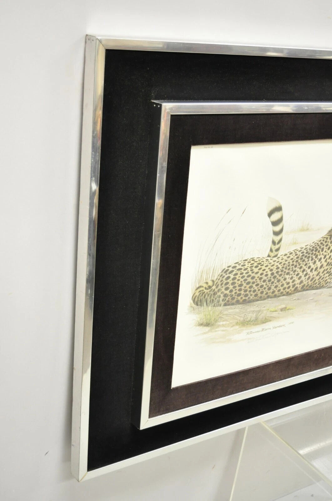 1972 Cheetah Lithograph Art by Richard Evans Younger in Velvet Chrome Frame