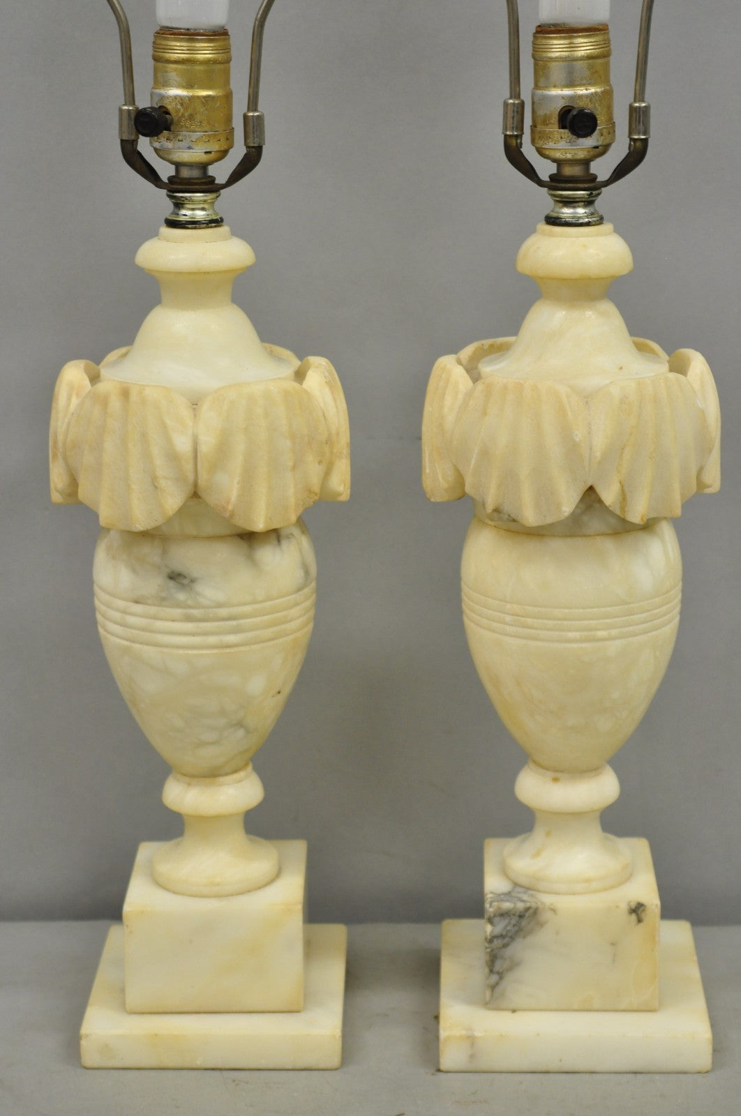 Antique Italian Neoclassical Style Carved Marble Shell Urn Table Lamps - a Pair