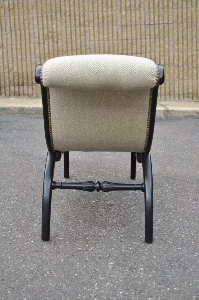 Vintage French Empire Style Curule X-Frame Black Carved Wood Upholstered Bench