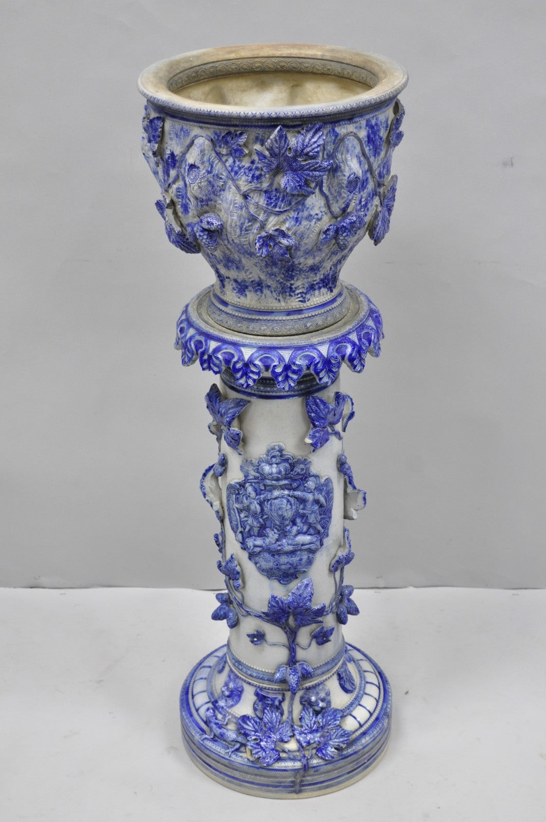 Antique German Westerwald Salt Glaze Stoneware Cobalt Blue Jardiniere & Pedestal