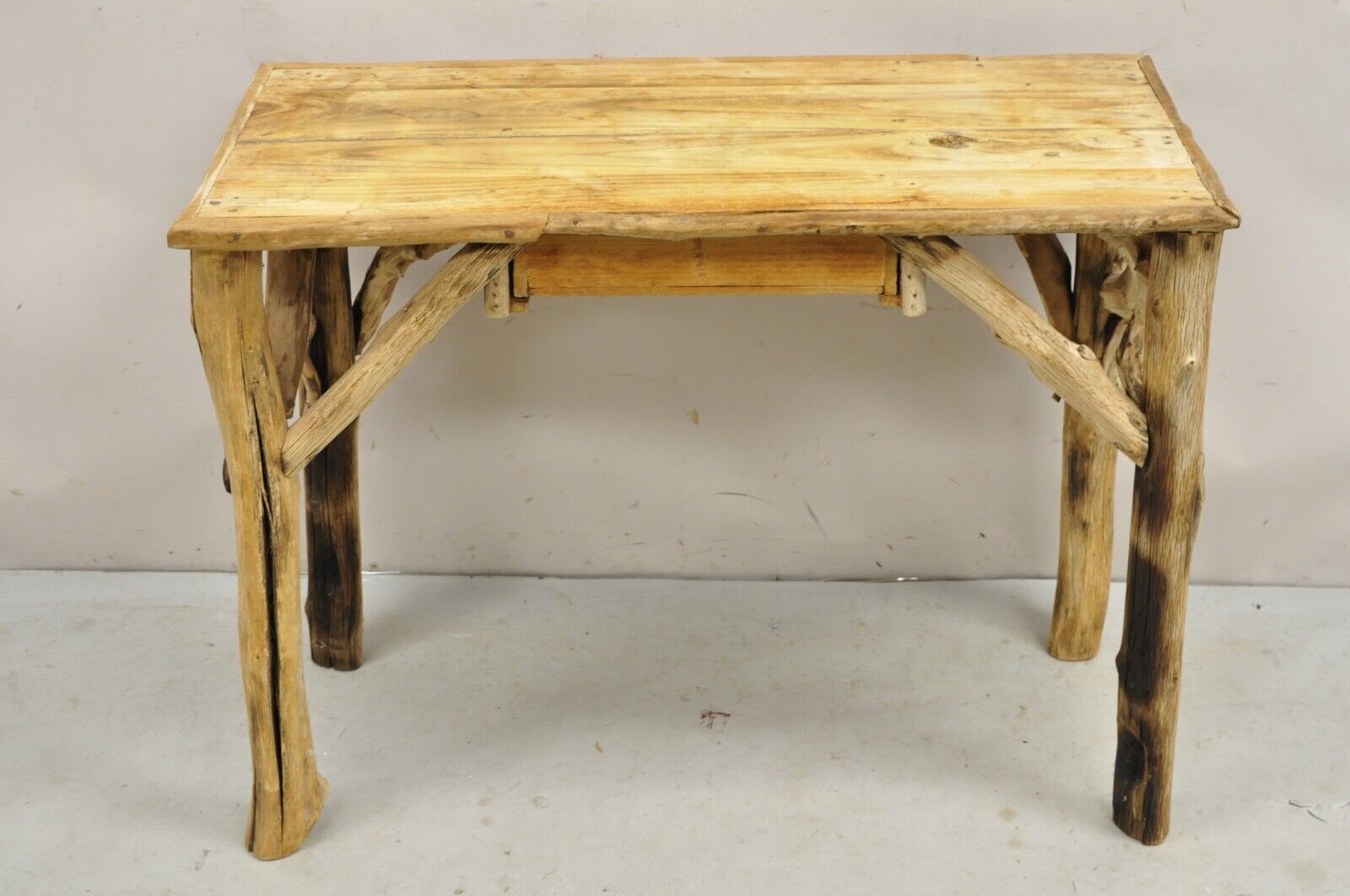 Vintage Rustic Modern Driftwood Branch Small Wooden Desk and Chair with Drawer