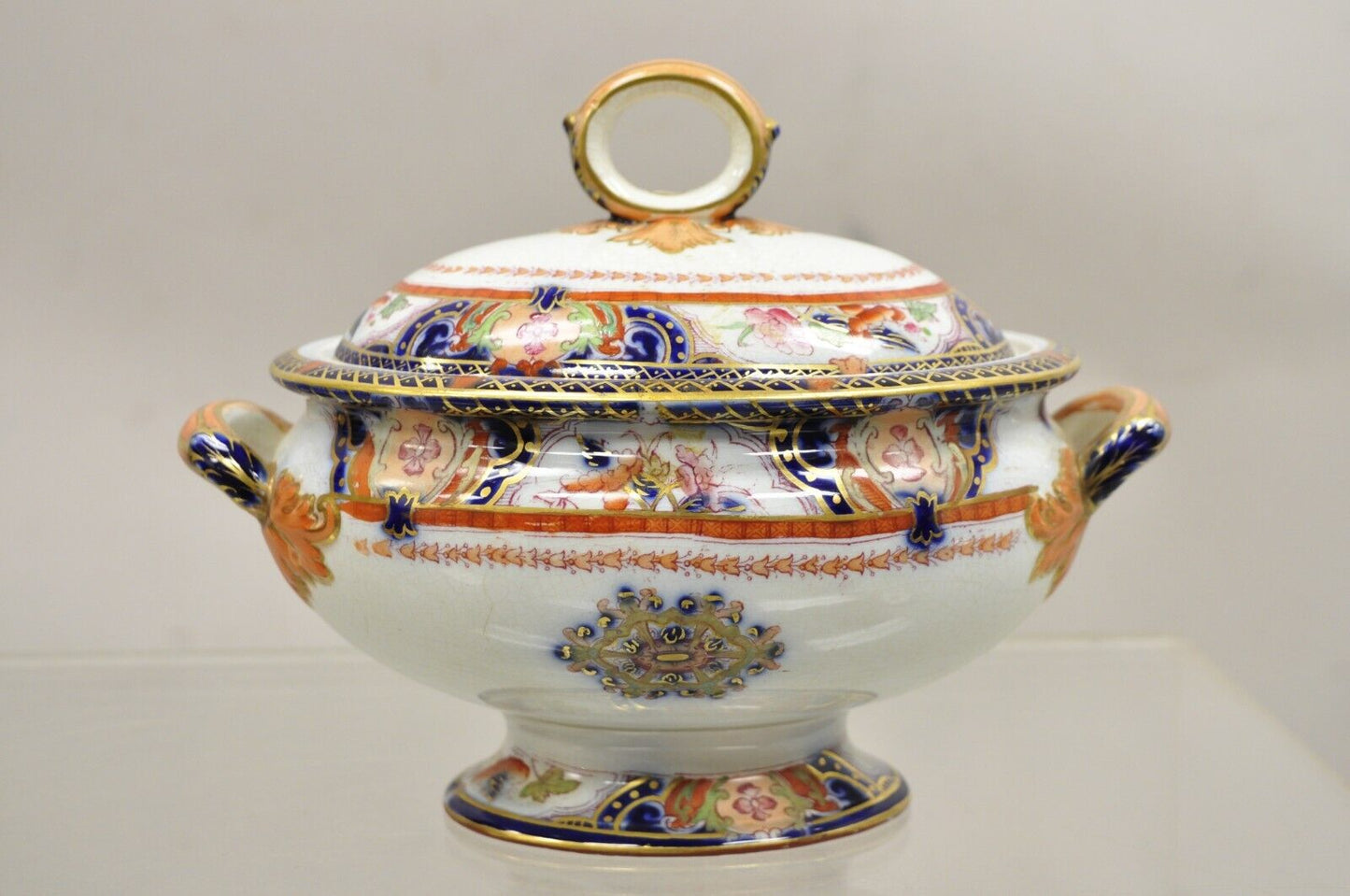 Antique English Ironstone Diamond Patent Covered Sauce Tureen with Underplate