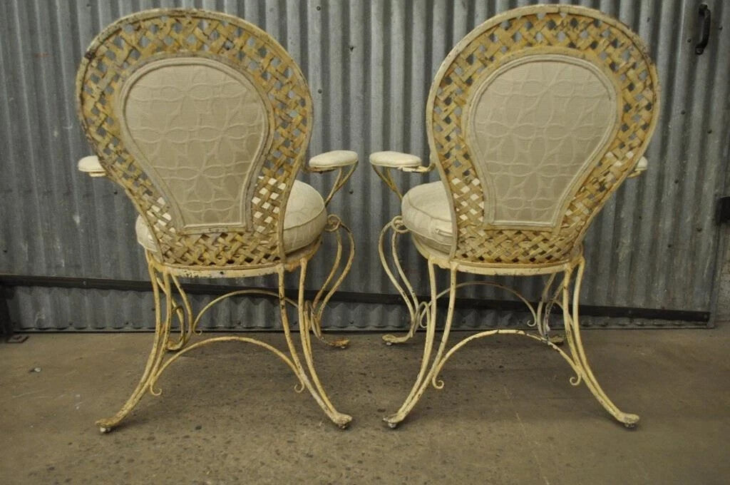Vintage French Country Wrought Iron Lattice Scrolling Arm Chairs (B) - Pair