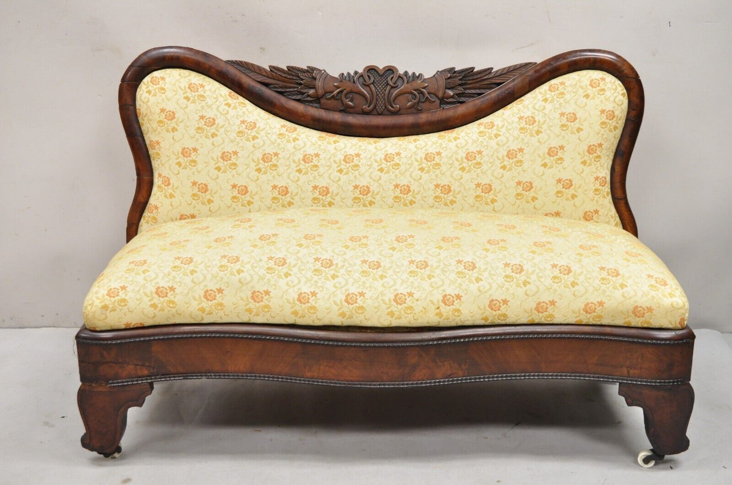 Antique American Empire Cornucopia Carved Mahogany Slipper Bench - a Pair