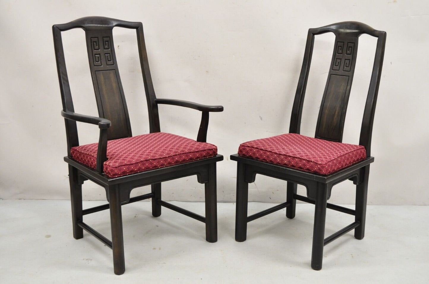 Vintage Chinoiserie Asian Ming Style Solid Wood Carved Dining Chairs - Set of 6