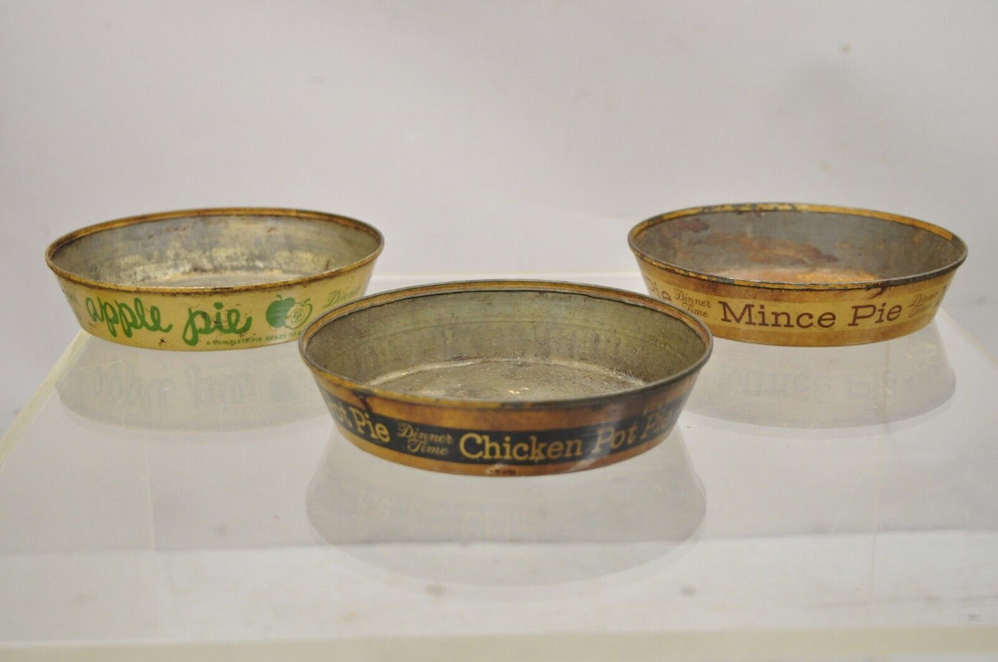 Vtg Advertisement Dinner Time Apple Pie Chicken Pot Pie Mince Pie Tin Metal Pans