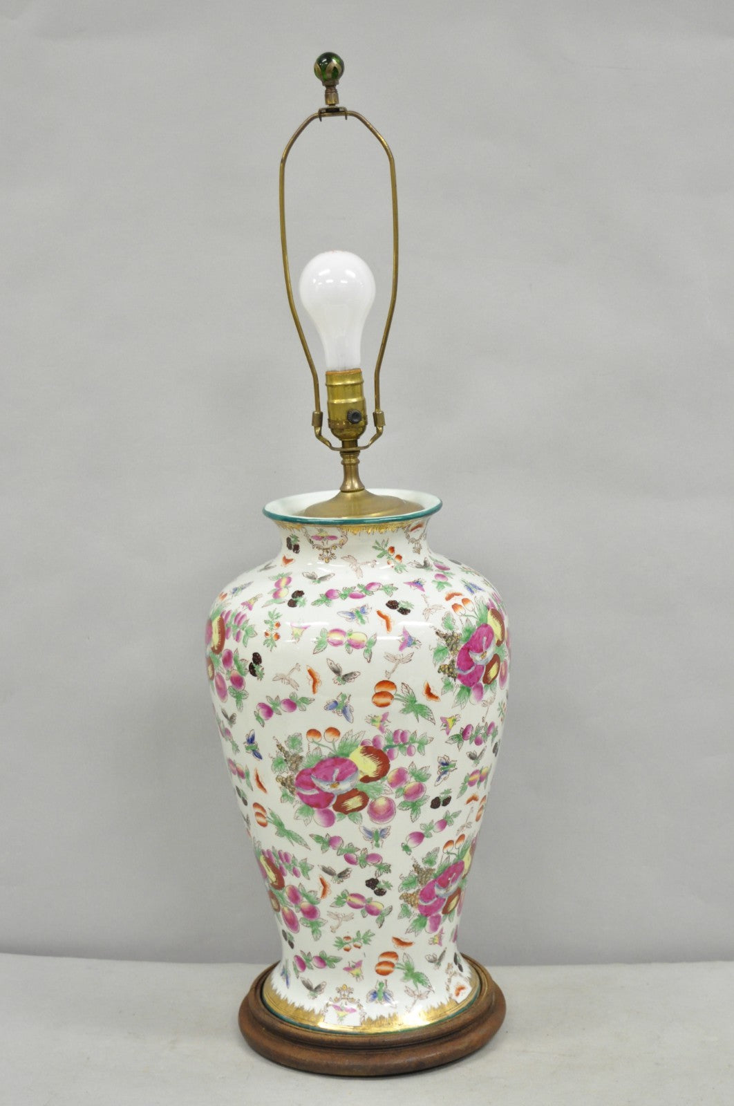 Vintage Chinoiserie Porcelain Jardinière Pink Flower Painted Large Table Lamp