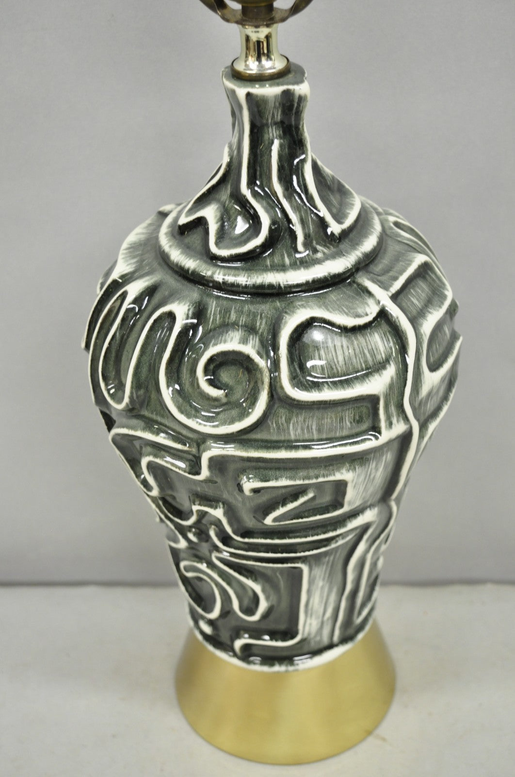 Vintage Mid Century Modern Grey Glazed Ceramic Geometric Aztec Brass Table Lamp