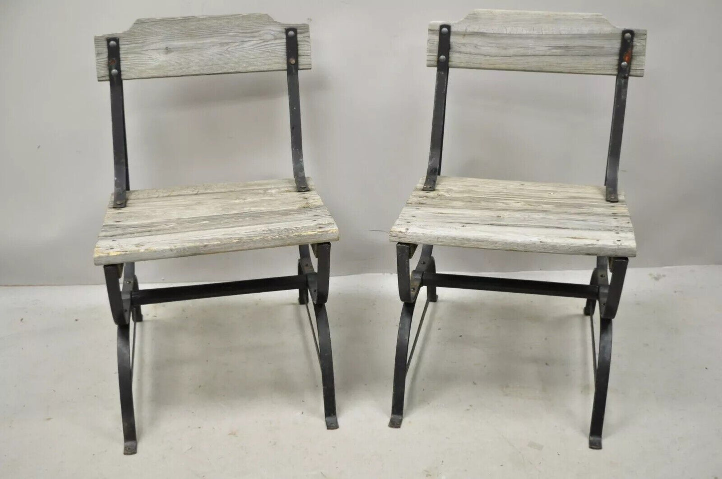 Antique French Industrial Wrought Iron Wooden Slat Seat Side Chairs - a Pair