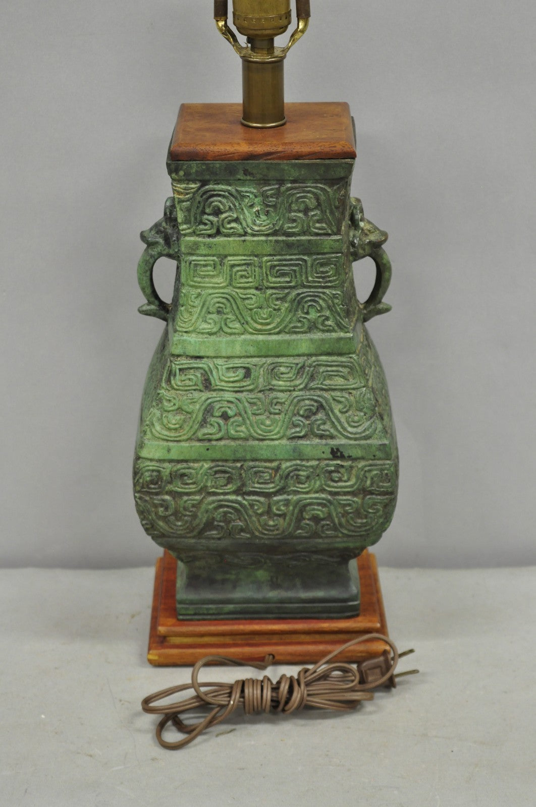 Vintage Oriental Verdigris Green Archaic Bronze Figural Chinese Table Lamp