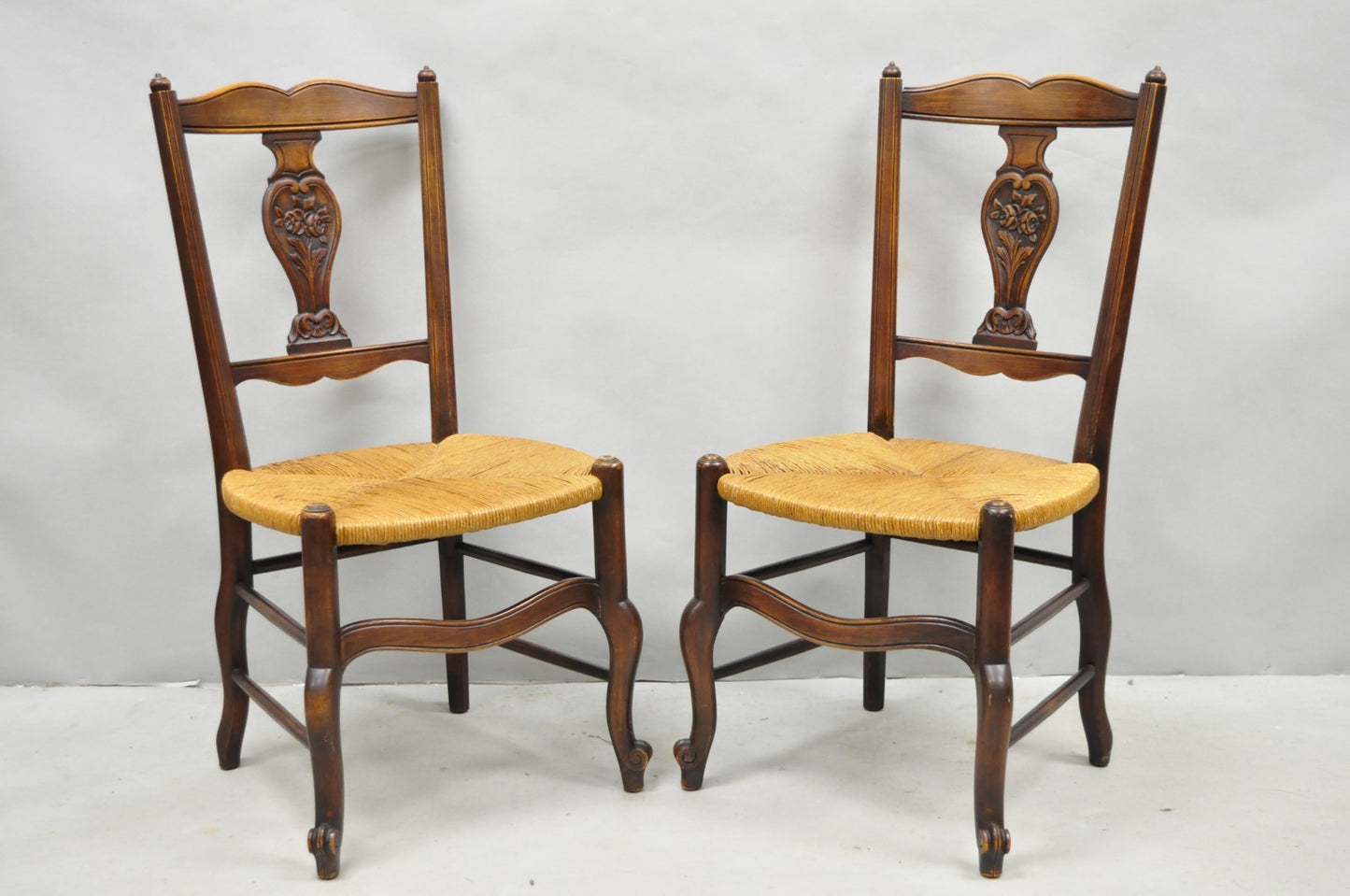 Antique William & Mary Style Carved Walnut Rose Rush Seat Side Chairs - a Pair