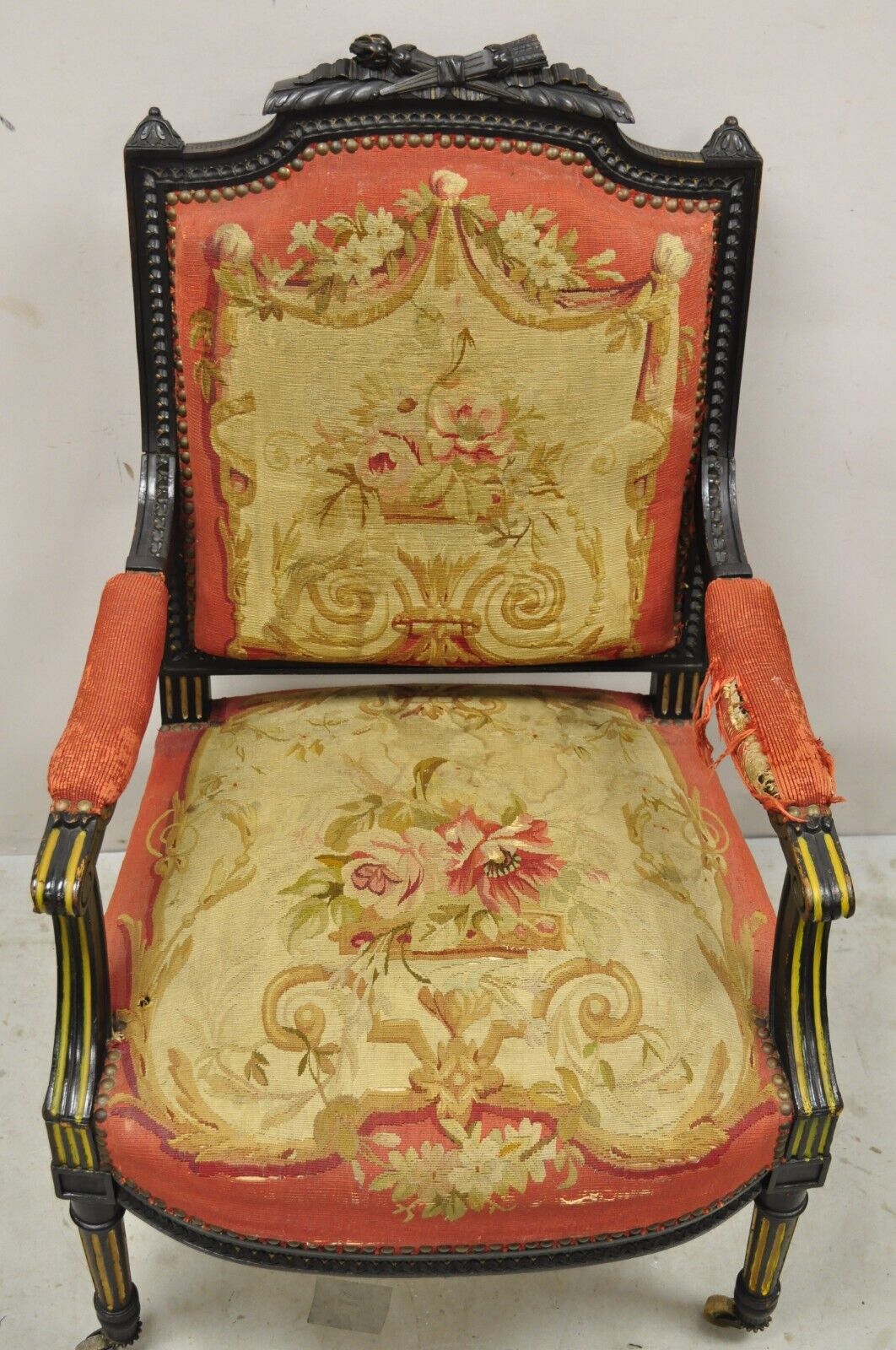 Antique French Empire Black Ebonized Walnut Needlepoint Parlor Arm Chair