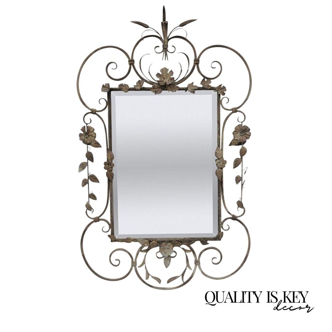 Italian Hollywood Regency Iron Tole Metal Wheat Sheaf Scroll Wall Mirror 50 x 31