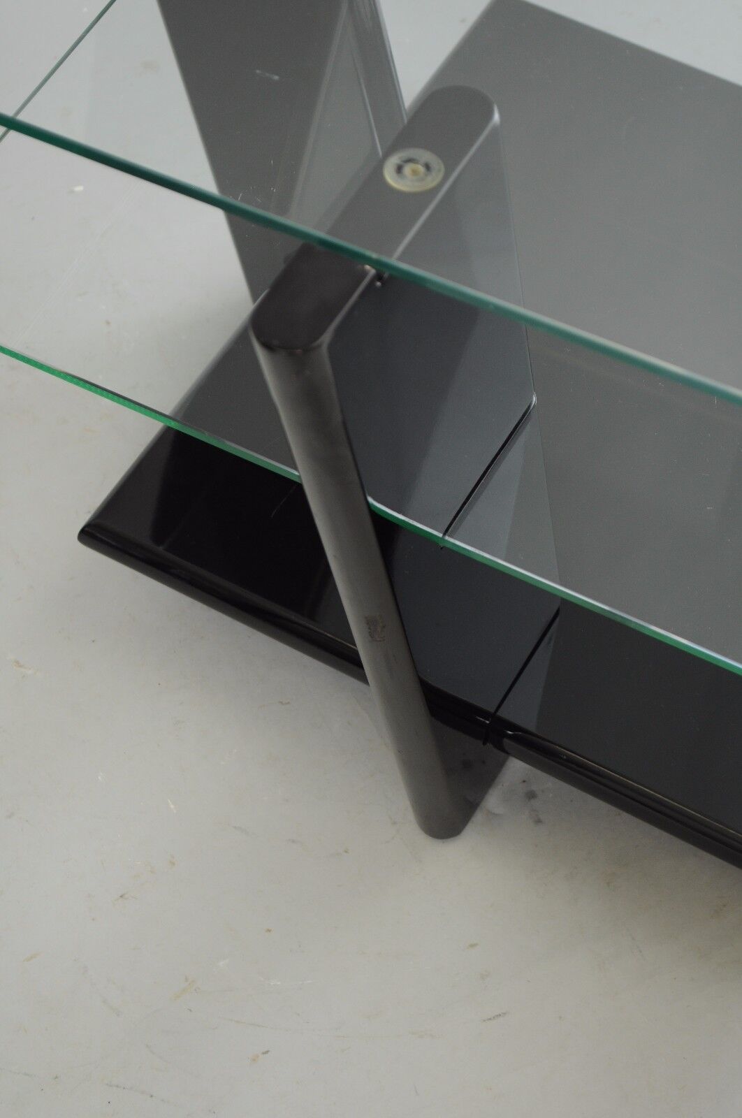 Pair of Contemporary Modern Black Lacquer & Glass 3 Tier End Tables Sculptural