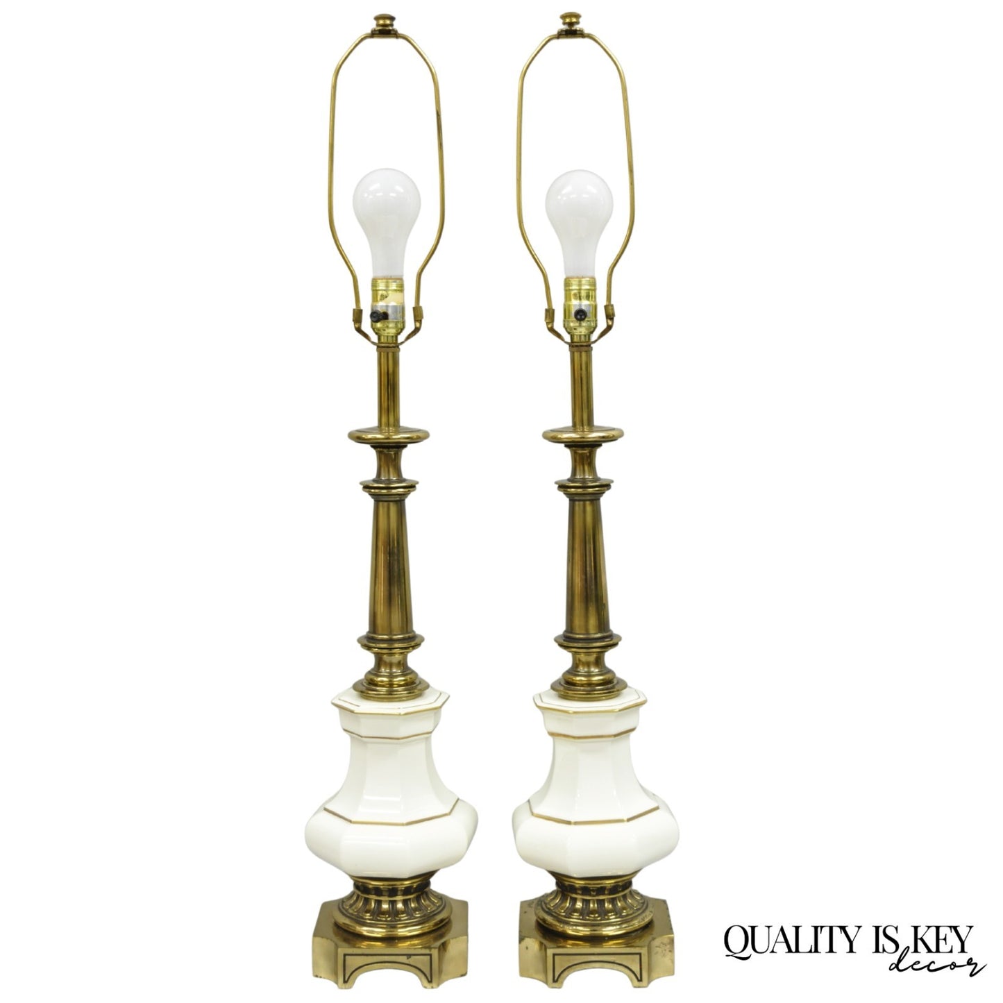 Vintage Stiffel Empire Style Burnished Brass & Porcelain Table Lamps (C) - Pair