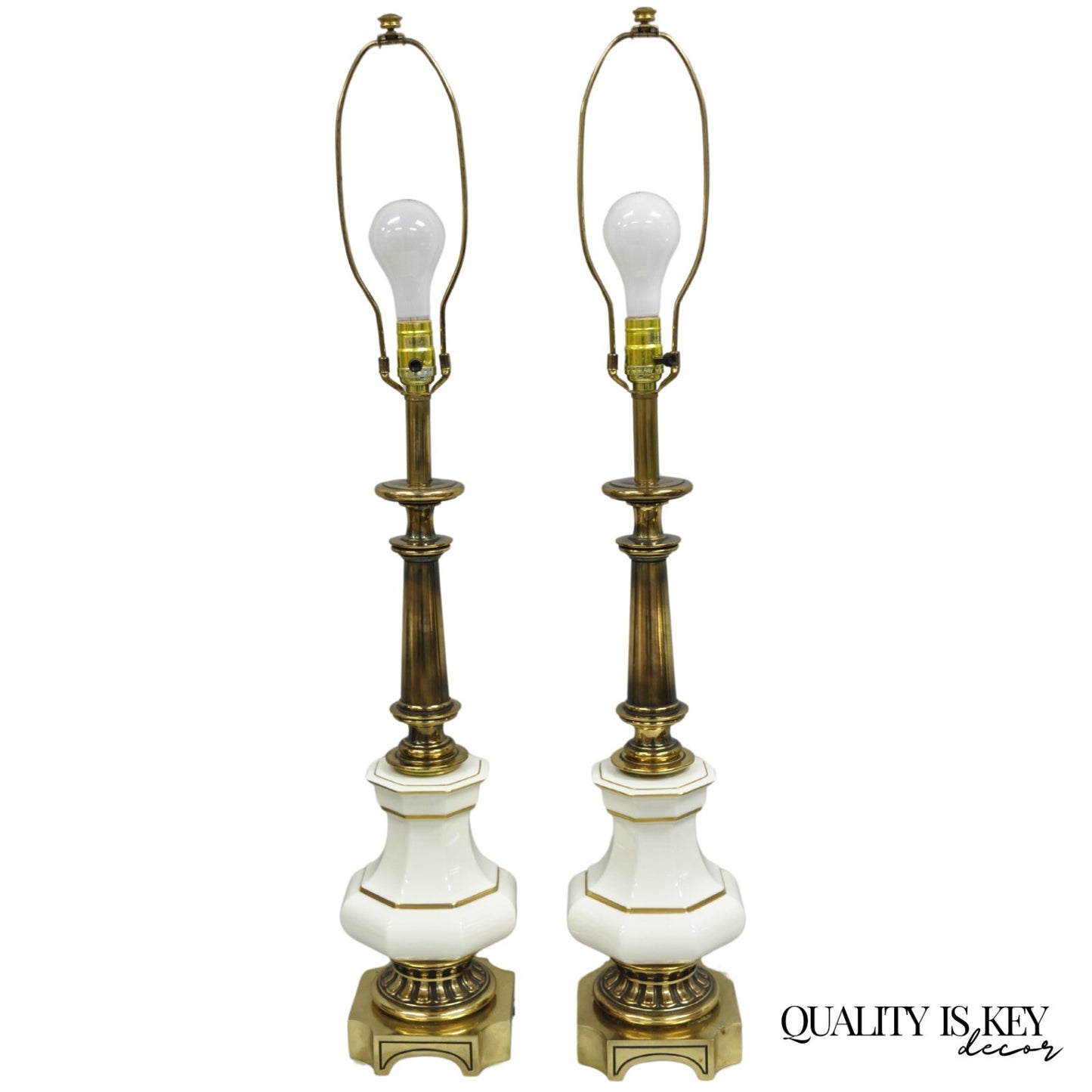 Vintage Stiffel Empire Style Burnished Brass & Porcelain Table Lamps (A) - Pair