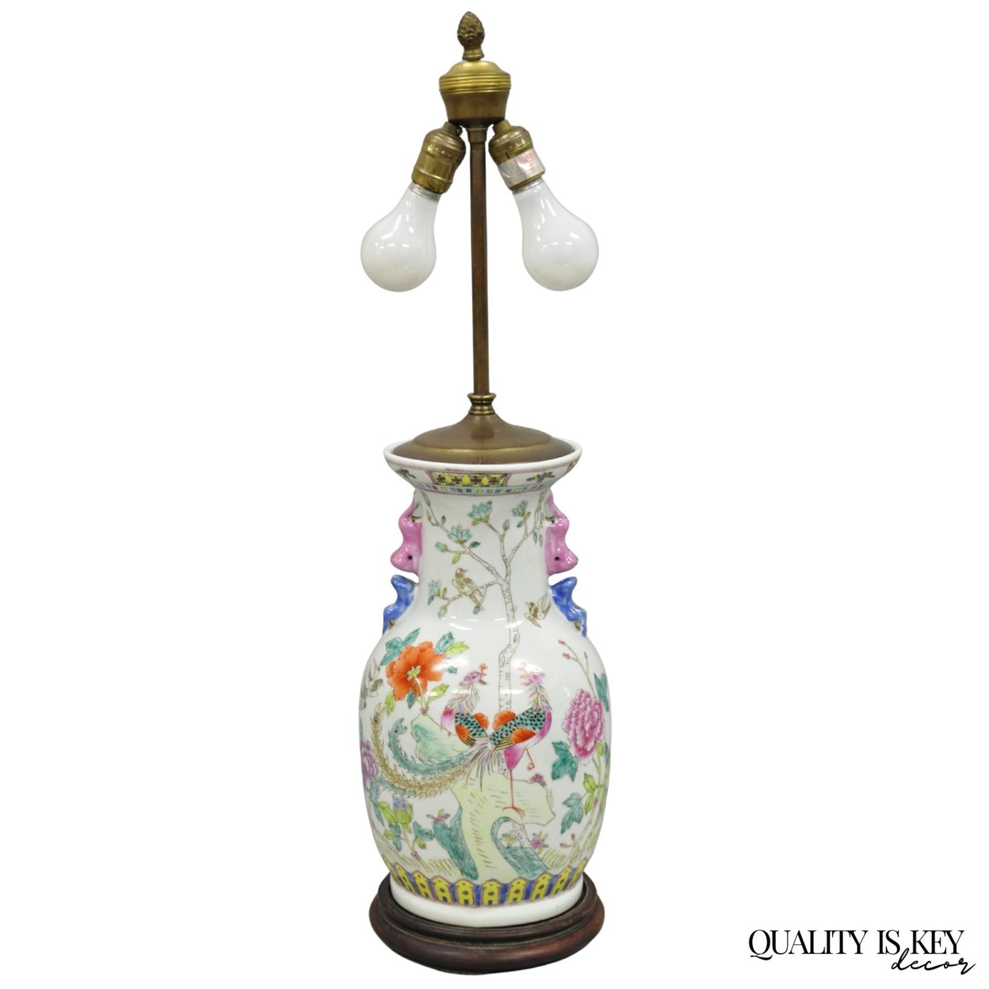 Vintage Oriental Porcelain Jardiniere Vase Bird and Flower Painted Table Lamp