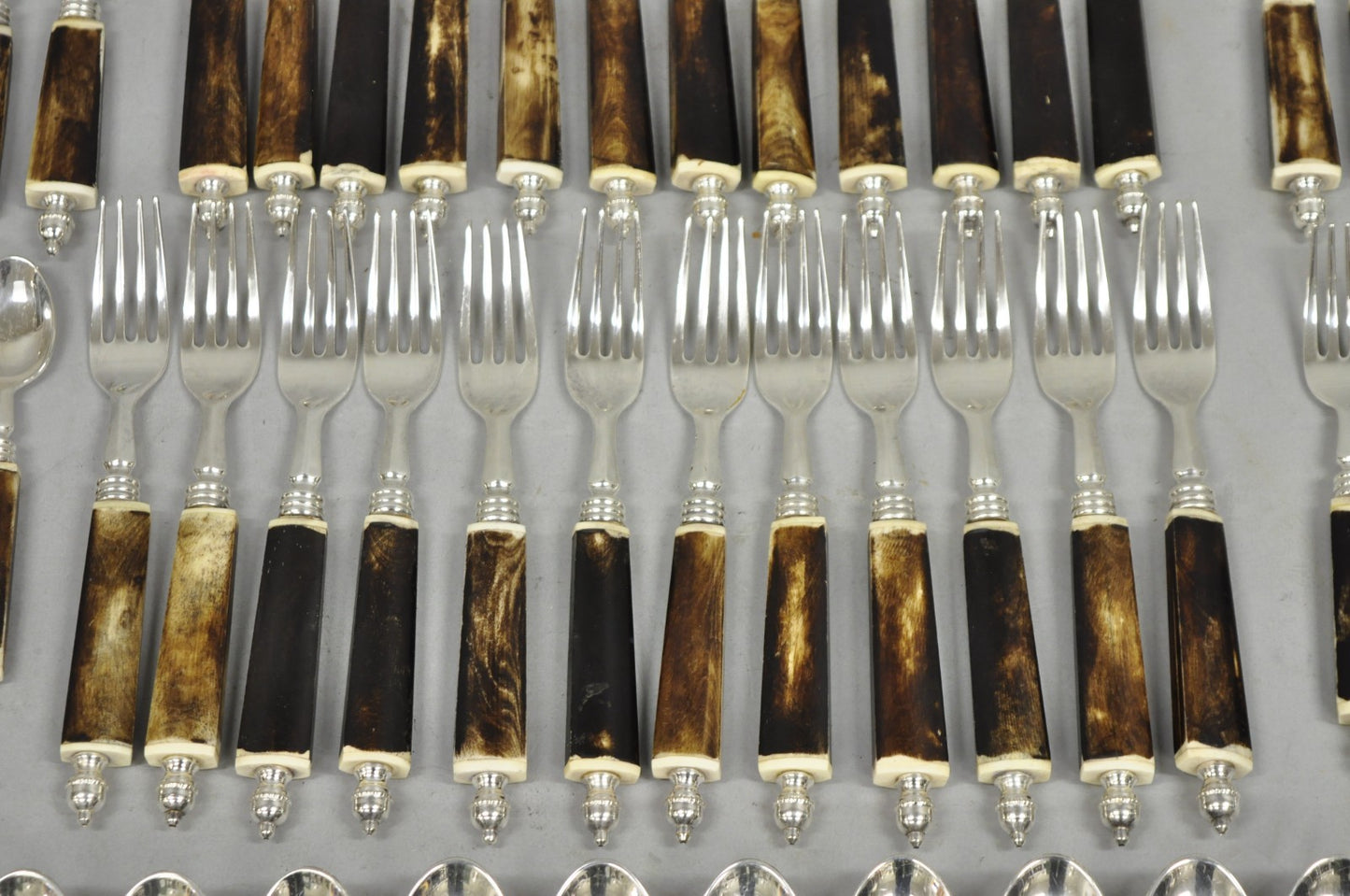 Vintage Hollywood Regency Faux Horn Handle Silver Flatware (5 pc) Set Svc for 12