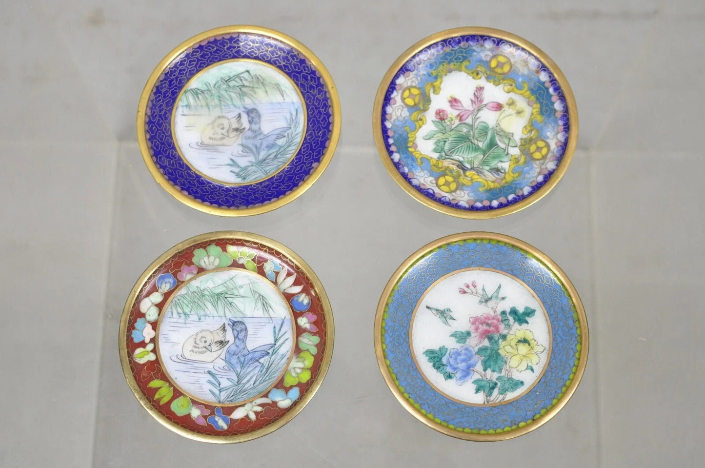 Vintage Chinoiserie Brass Enamel Cloisonne Small Trinket Dish - Set of 4
