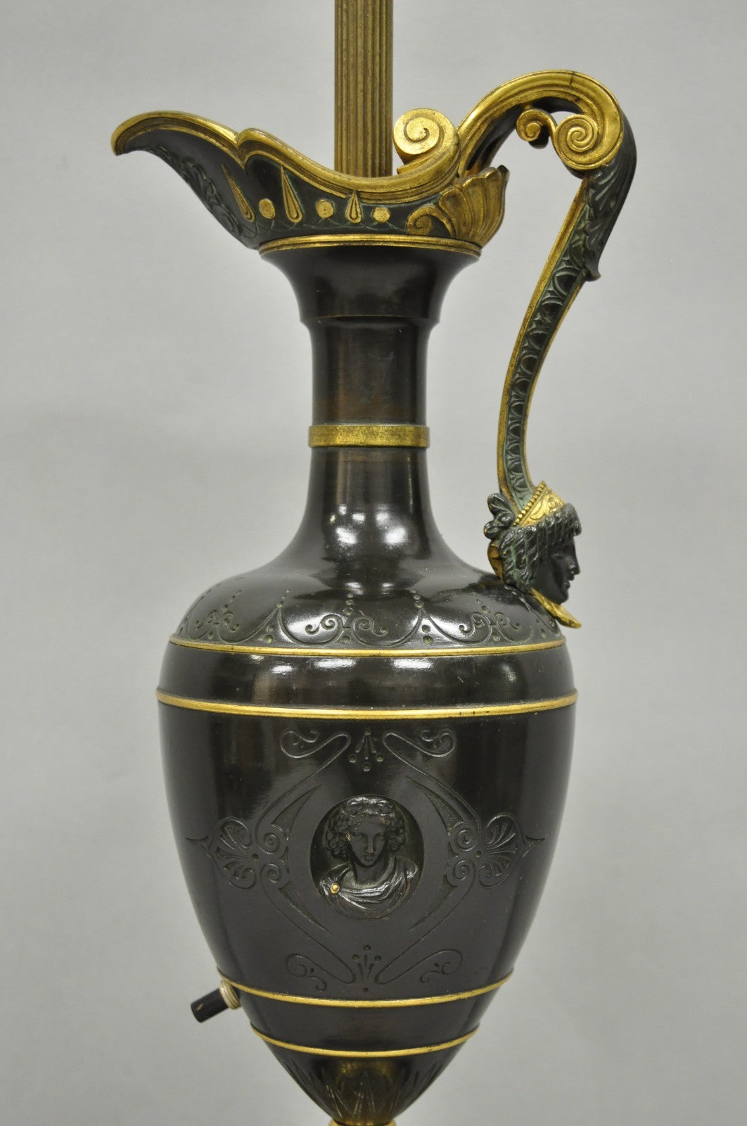 Antique French Neoclassical Patinated & Gilt Bronze Figural Ewer Urn Table Lamp
