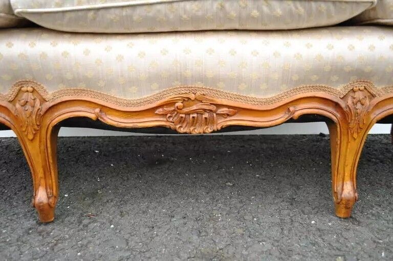 Antique French Louis XV Style Carved Walnut Gold Upholstered Sofa Canape