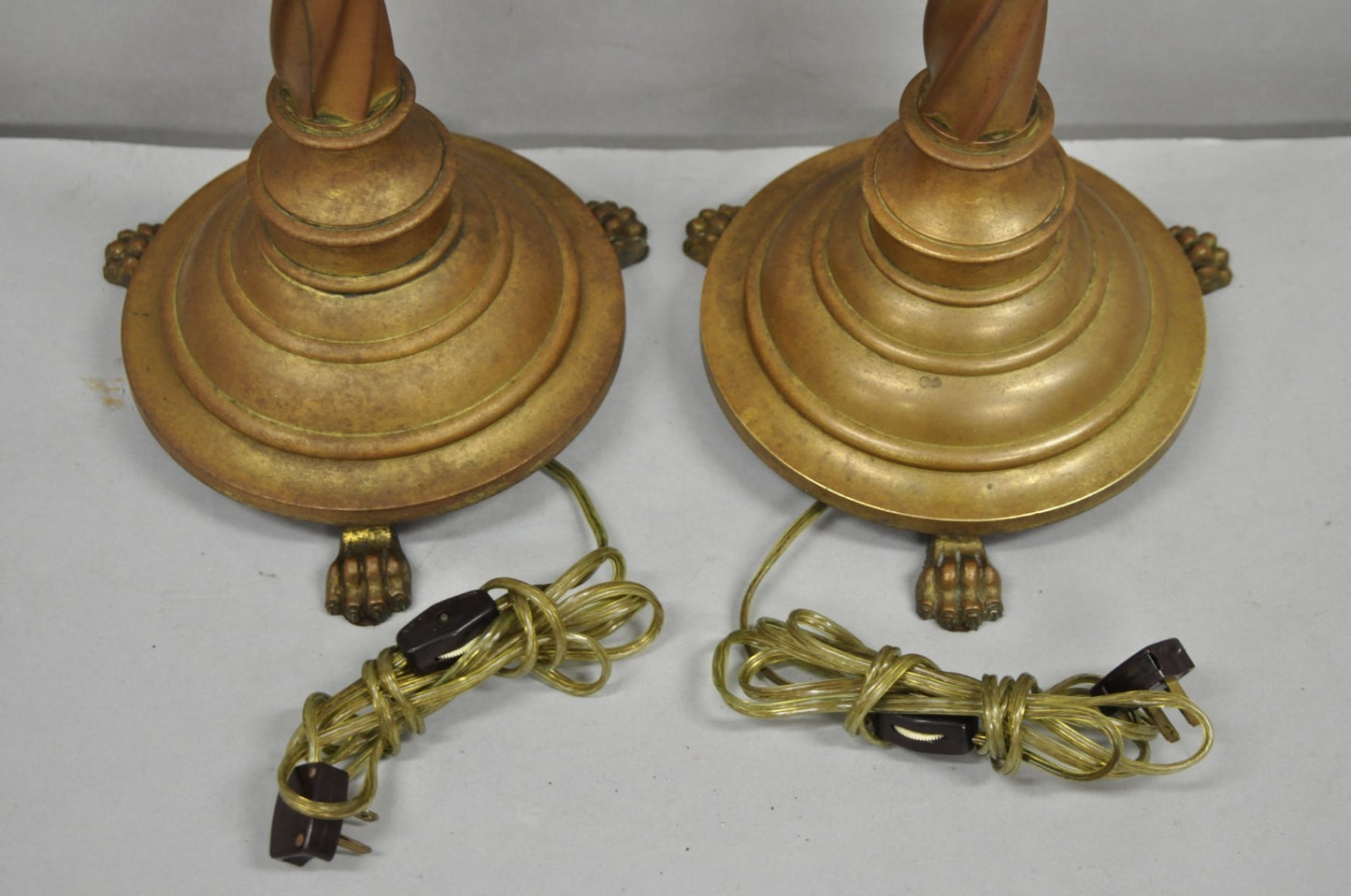Antique English Renaissance Gothic Patinated Brass Candlestick Table Lamps Pair