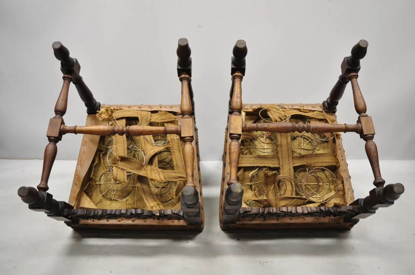 Antique 19th C. Italian Renaissance Carved Walnut High Back Side Chairs - a Pair