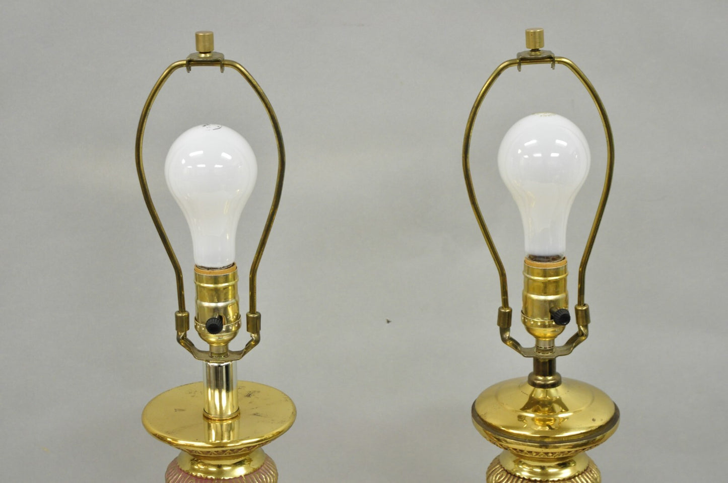 Vintage Hollywood Regency Brass Empire Column Green Pink Gold Table Lamps - Pair
