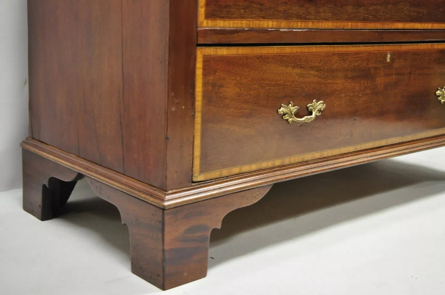 Antique English Georgian Mahogany Banded Satinwood Inlay 5 Drawer Chest Dresser