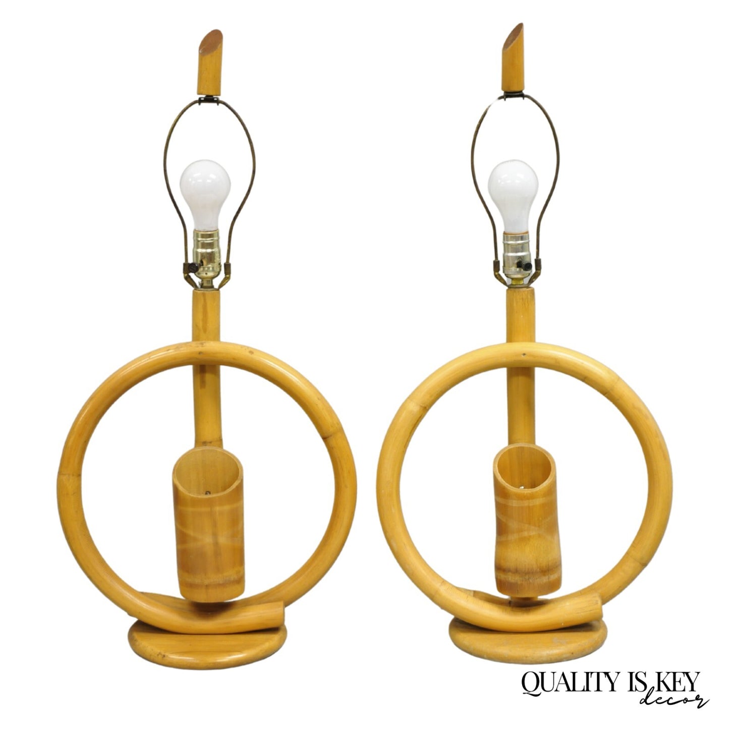 Vinatge Mid Century Modern Bentwood Bamboo Tiki Rattan Hoop Table Lamps - a Pair