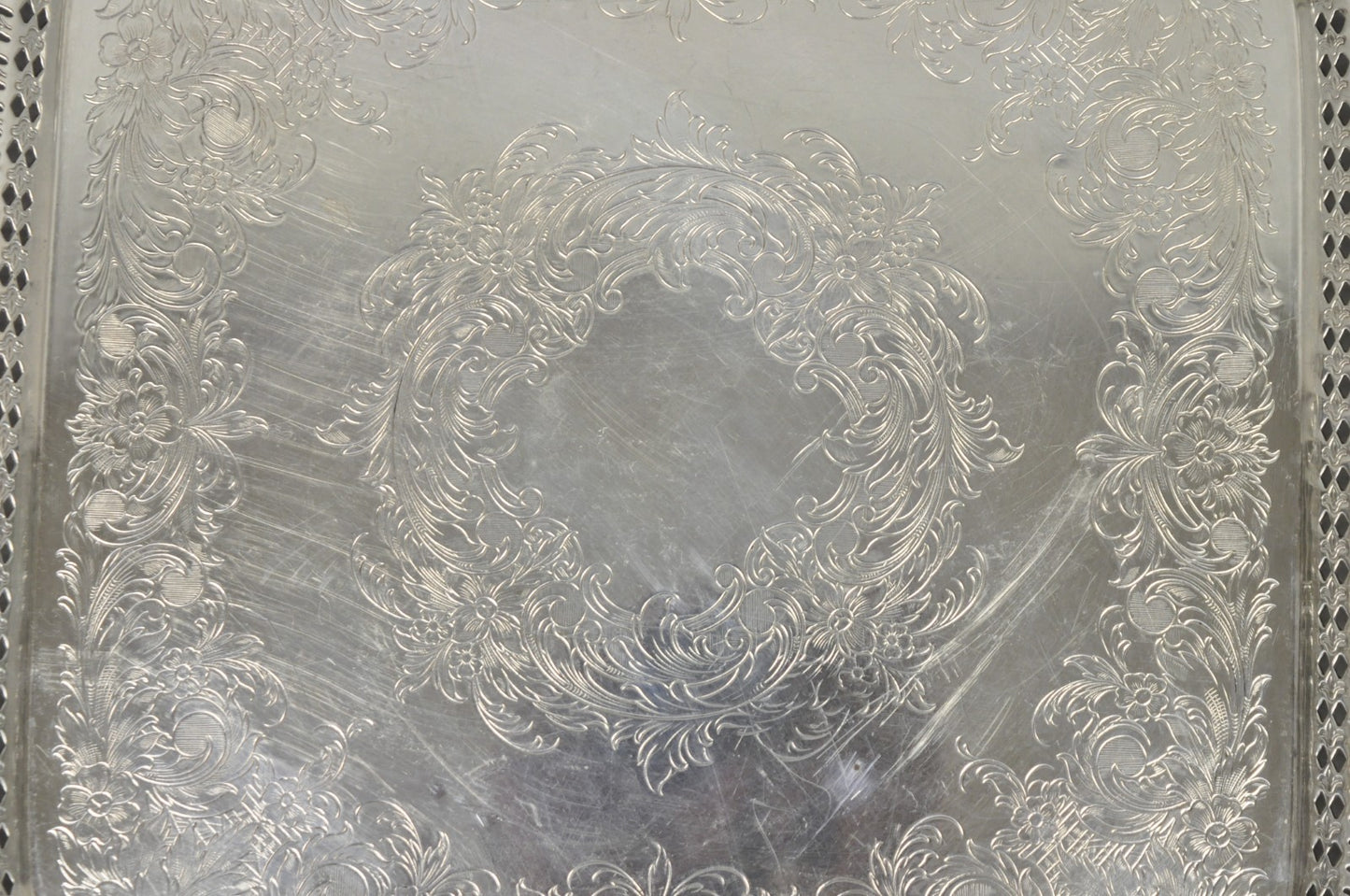 Vintage International Silver Victorian Repousse Pierced Gallery Square Bar Tray