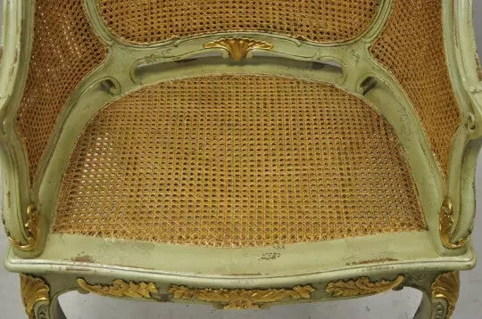 Antique French Louis XV Style Green Distressed Gold Gilt Cane Bergere Arm Chair
