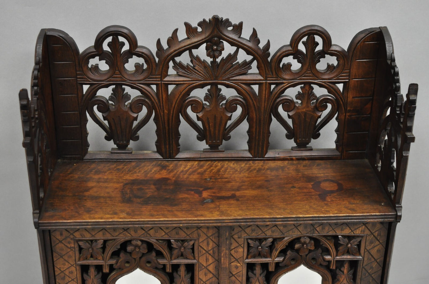 Antique Gothic Arts & Crafts Black Forest Walnut Carved Small Wall Curio Cabinet