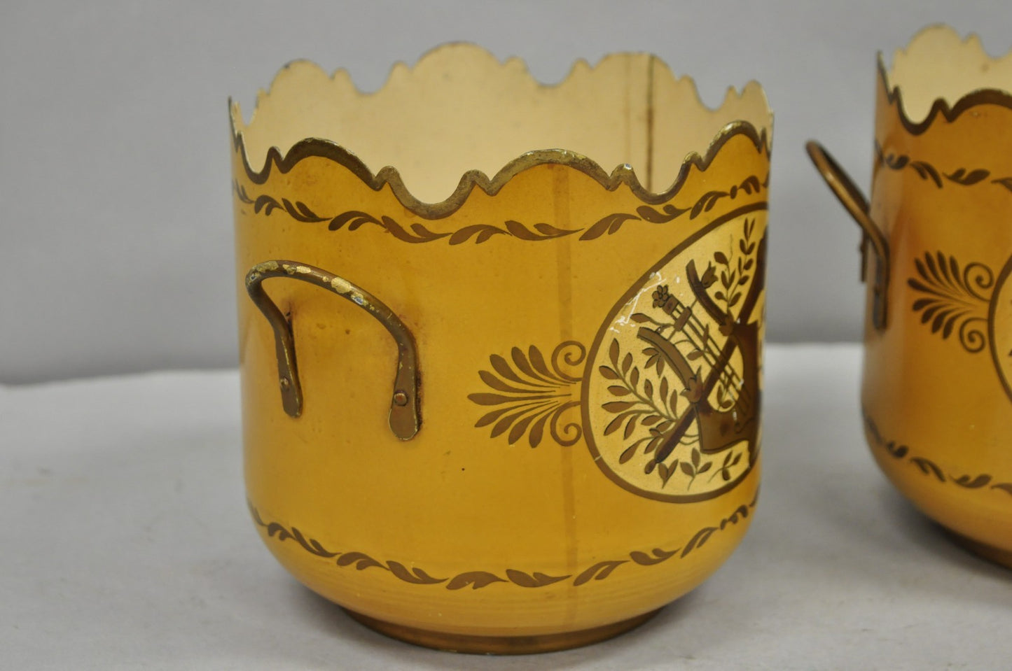 Vintage French Country Tole Metal Yellow Painted Cachepot Planter Vase - a Pair