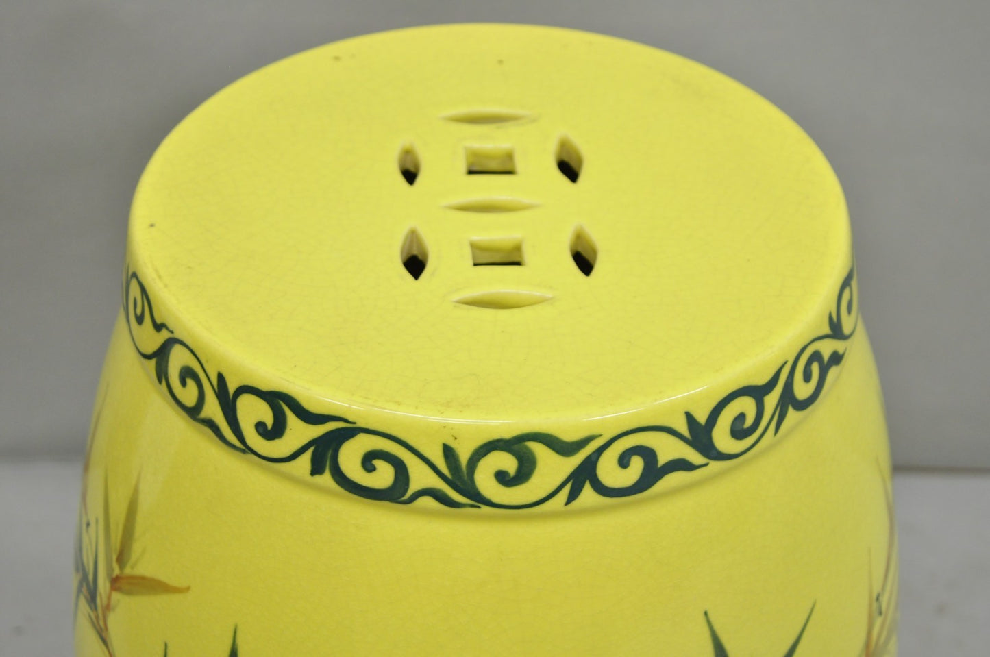 Vintage Chinese Chinoiserie Yellow Porcelain Ceramic Garden Seat w Painted Birds