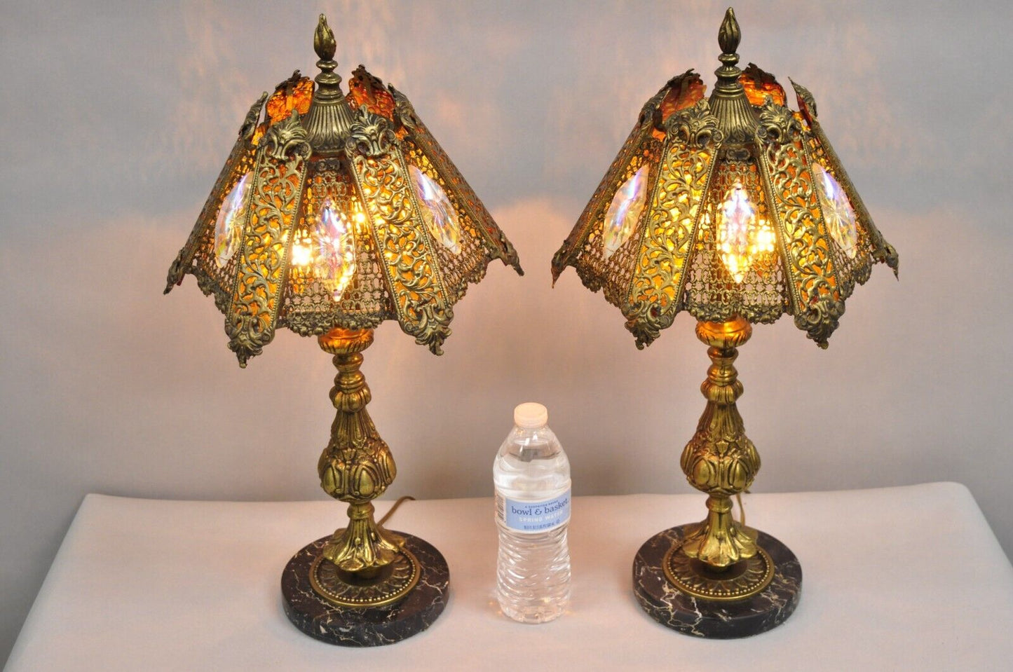 Vintage Hollywood Regency Loevsky & Loevsky Style Small Gold Table Lamps - Pair