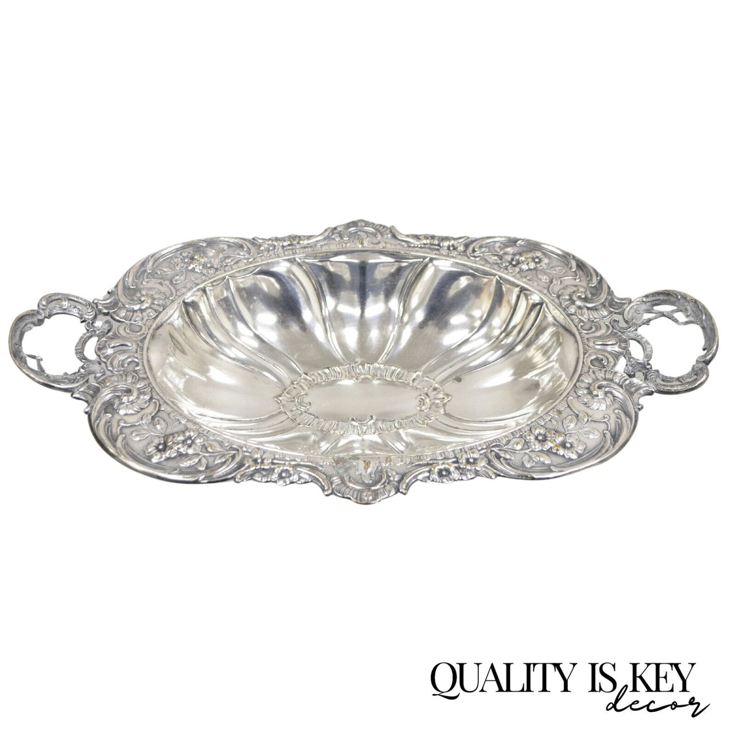 Vintage English Victorian Floral Repousse Ornate Twin Handle Footed Dish Bowl