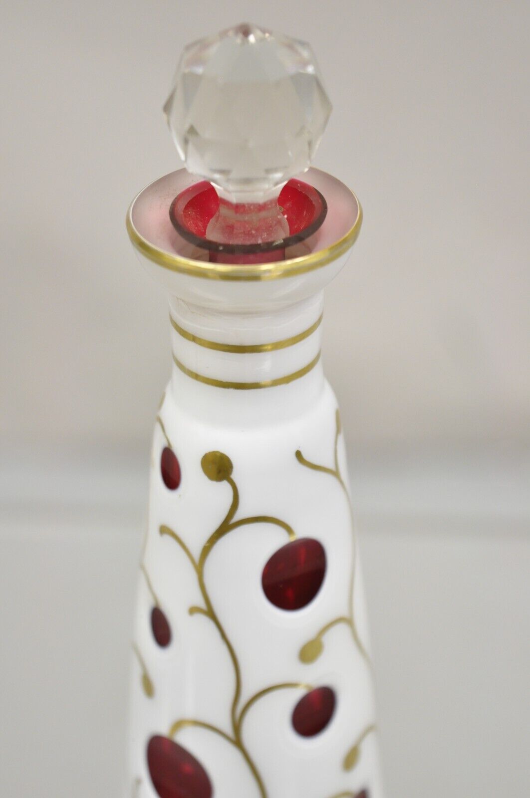 Vintage German Bohemian Cranberry Cased Glass 9" Small Decanter w/ Stopper
