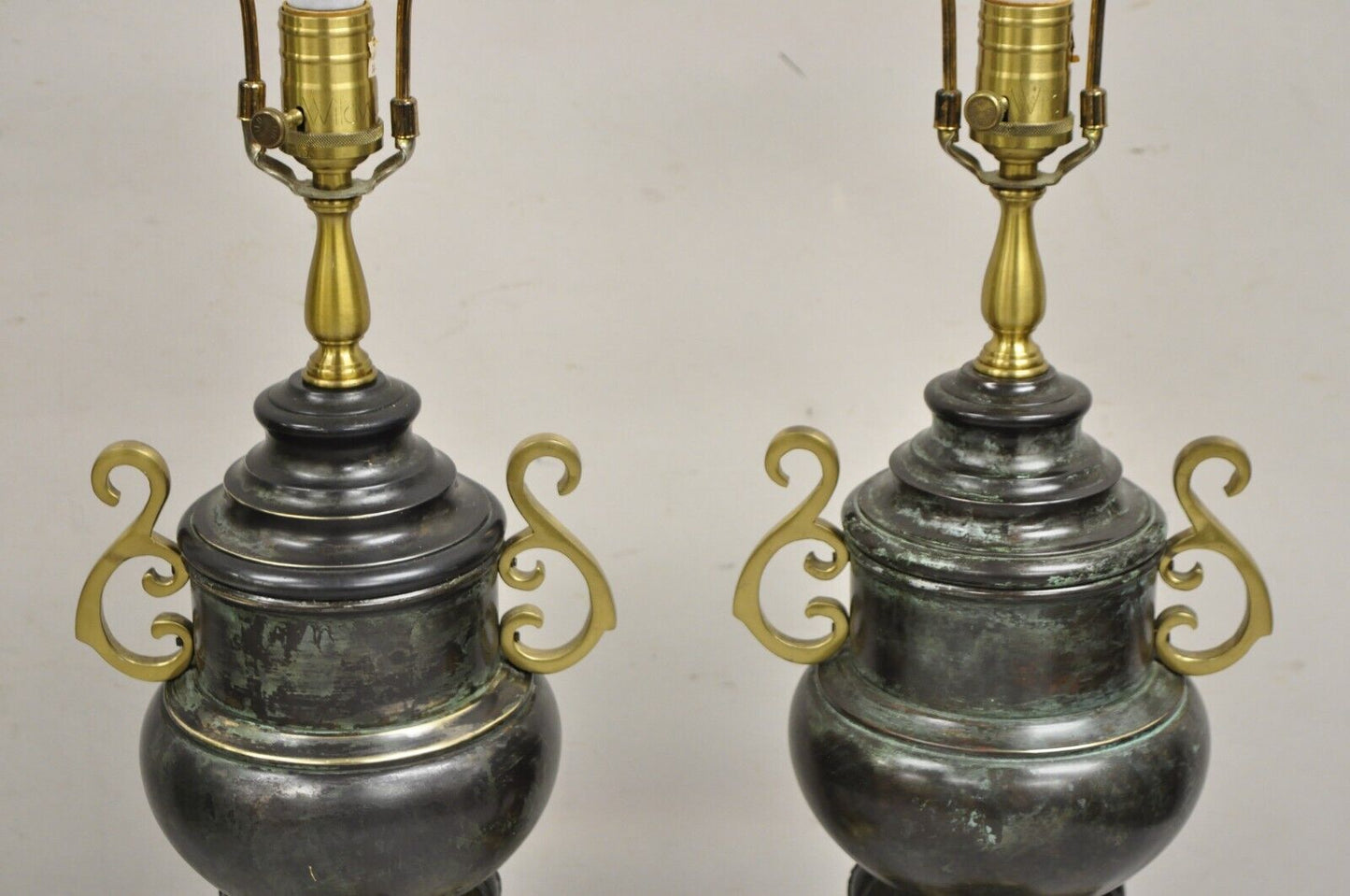 Chinoiserie Asian Verdigris Green Bronze Censor Table Lamp by Wildwood - a Pair