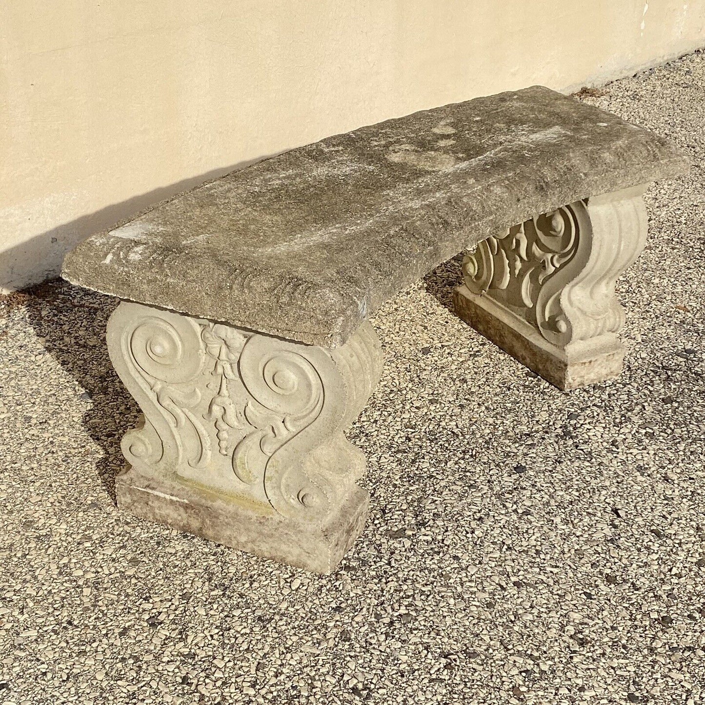 Vintage Classical Style Cast Stone Double Pedestal Curved Garden Bench Seat