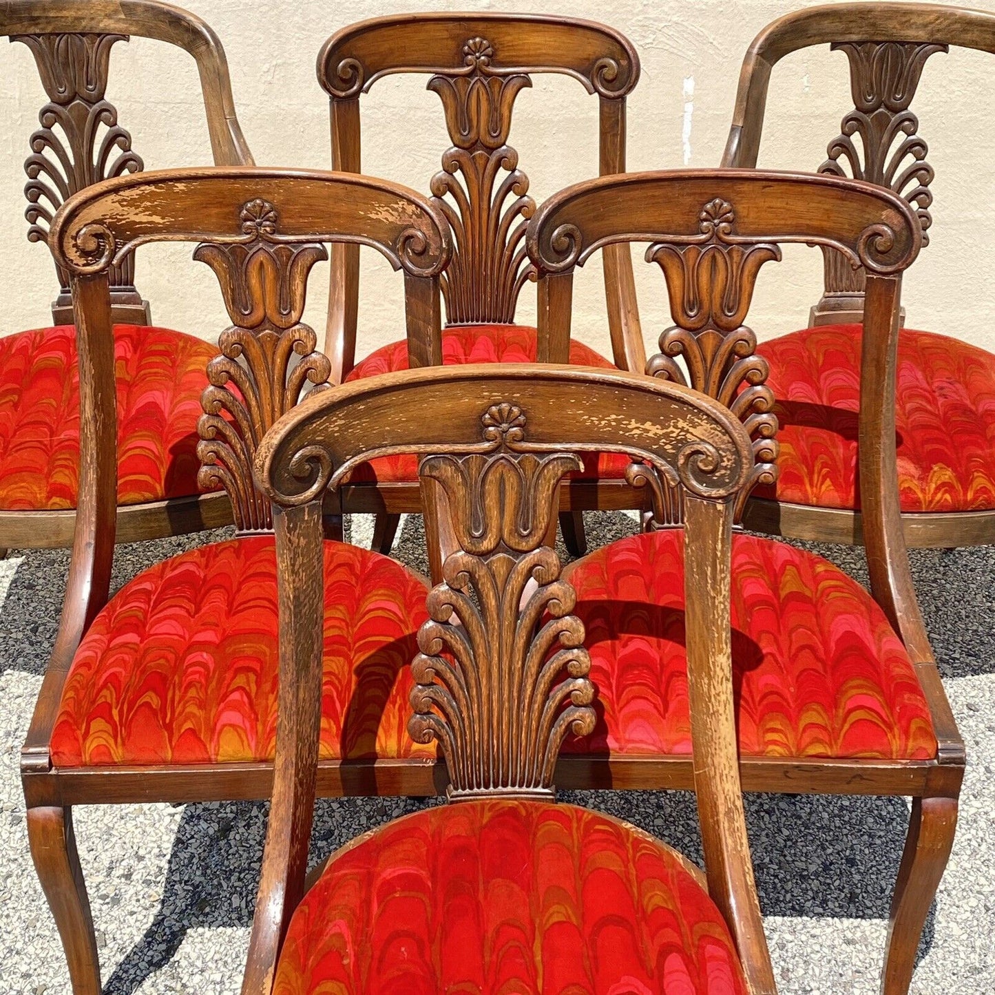 Vintage Regency Style Plume Carved Walnut Saber Leg Dining Chairs - Set of 6