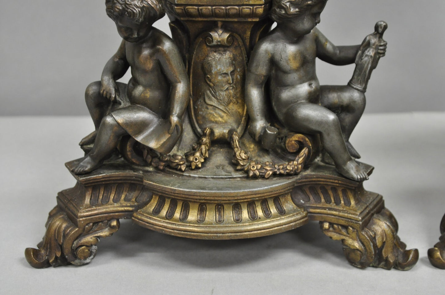 Antique French Empire Renaissance Gilt Metal & Glass Cherub Table Lamps a Pair