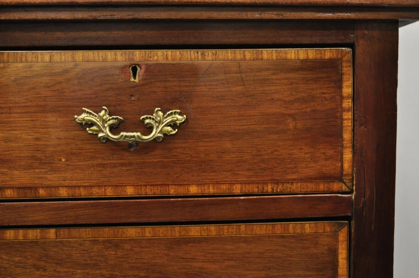 Antique English Georgian Mahogany Banded Satinwood Inlay 5 Drawer Chest Dresser