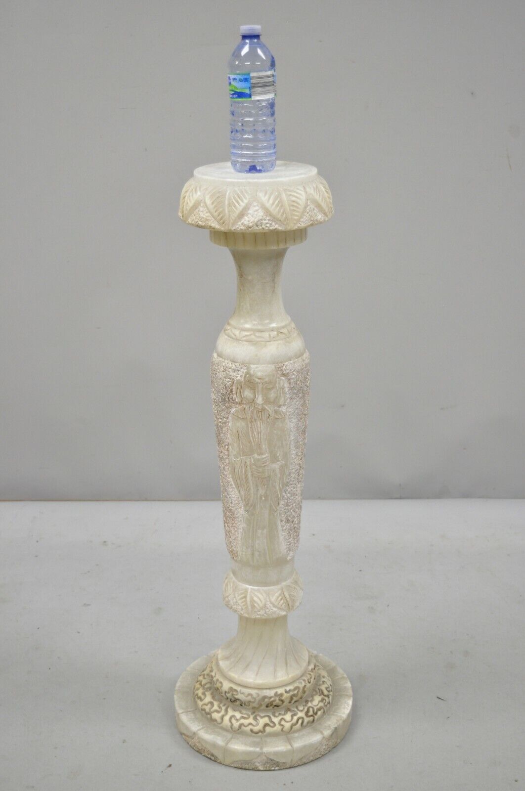 Vintage Chinese Wiseman Carved Alabaster 36" Figural Pedestal Plant Stand