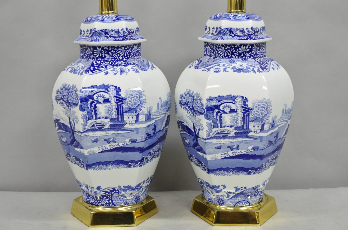 Vintage Spode Chinoiserie French Blue White Porcelain Ginger Jar Table Lamp Pair
