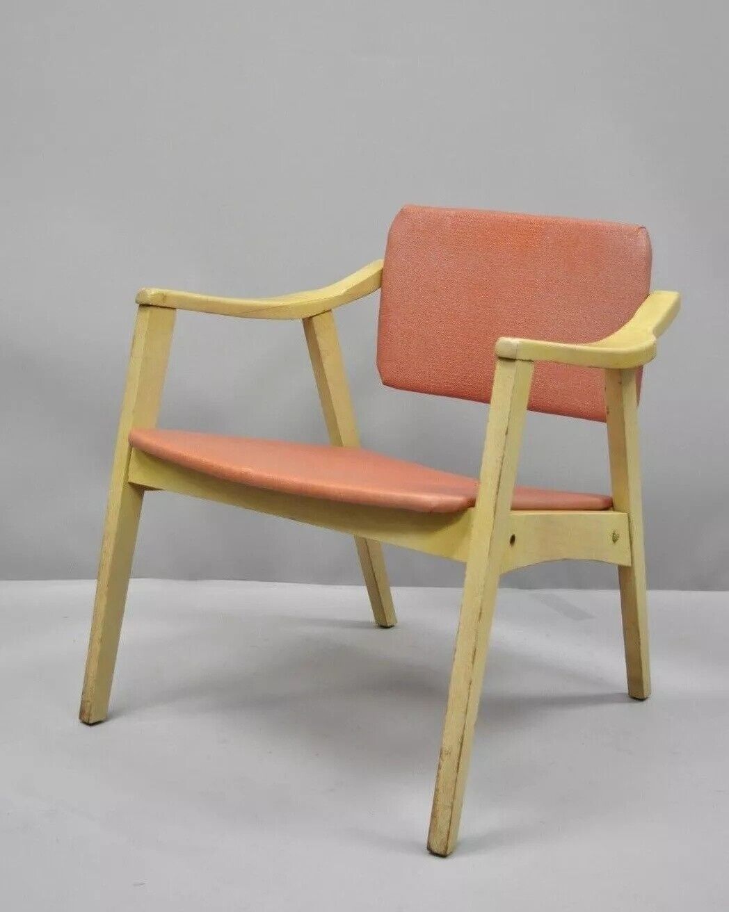 Vintage Mid Century Modern Pink Vinyl Blonde Wood Armchair w/ Pivoting Back