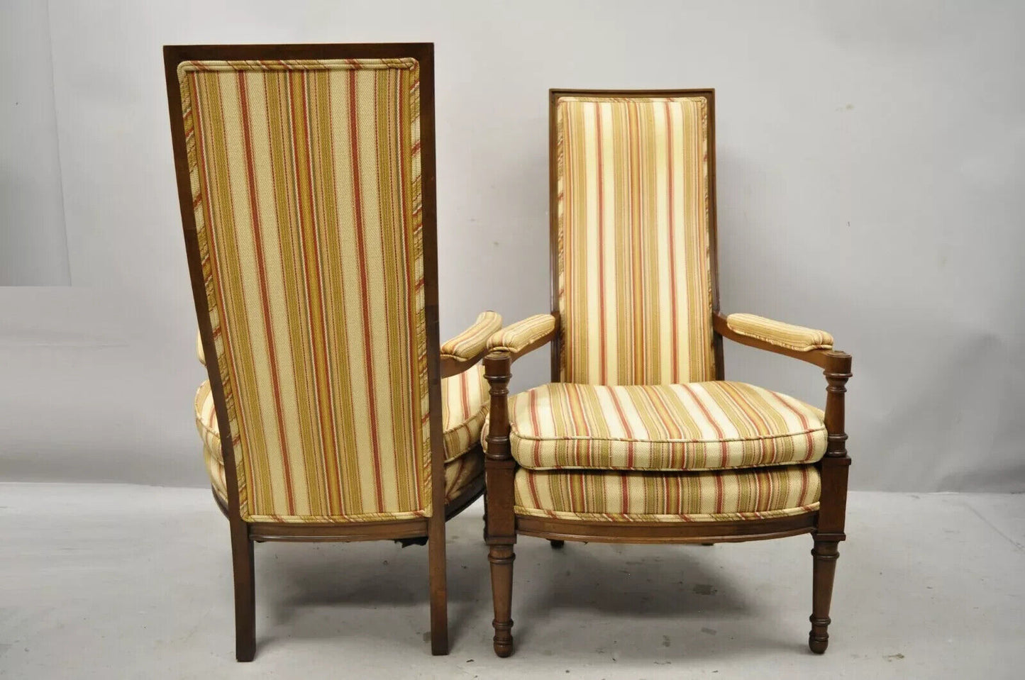 Vintage Hollywood Regency French Style High Back Upholstered Arm Chairs - a Pair