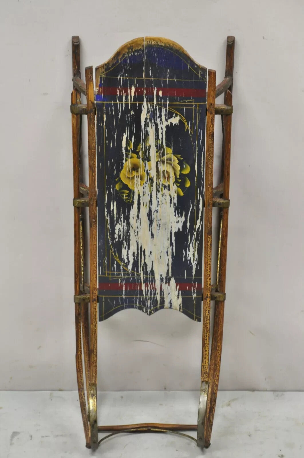Antique Bentwood Blue Painted Small Child Snow Sled Wall Display Art