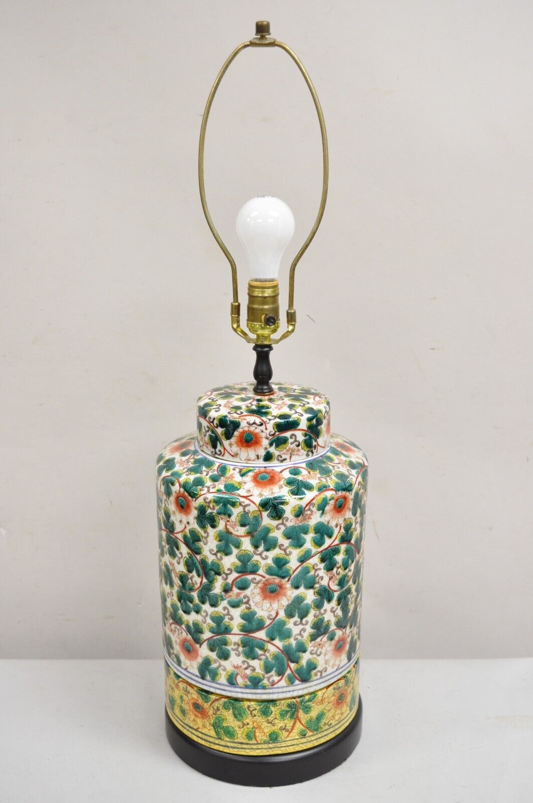 Vintage Chinoiserie Chinese Ginger Jar Green Flower Painted Oriental Table Lamp