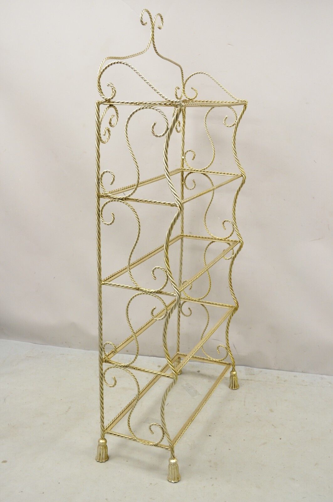 Italian Hollywood Regency Rope Tassel Silver Gold 5 Tier Iron Bakers Rack Shelf